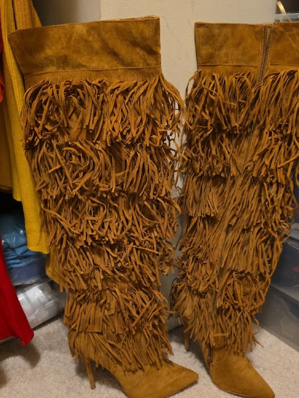 Shoe Republic LA Tan Suede Fringe Over-the-Knee Stiletto Boots Sz 9